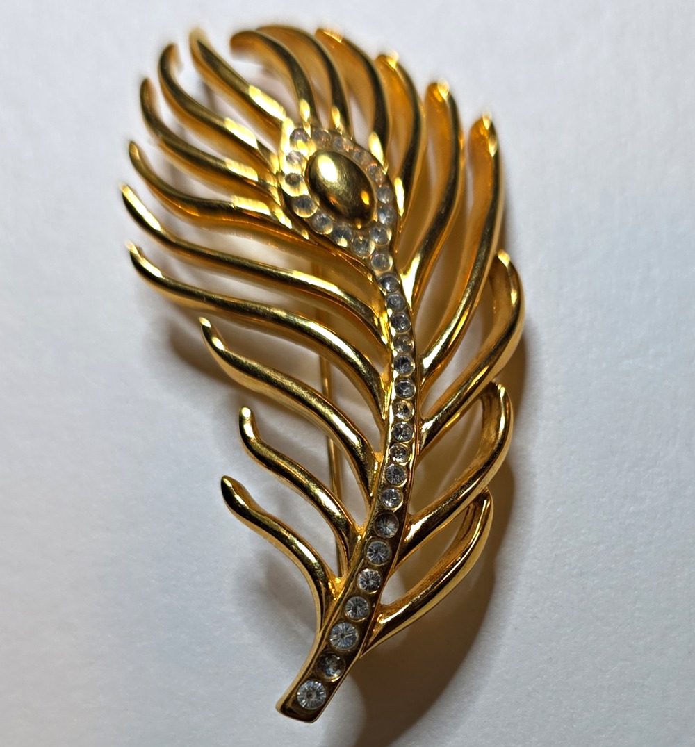 Vintage Signed Monet Gold Tone Peacock Feather Brooch Rhinestone Statement Pin